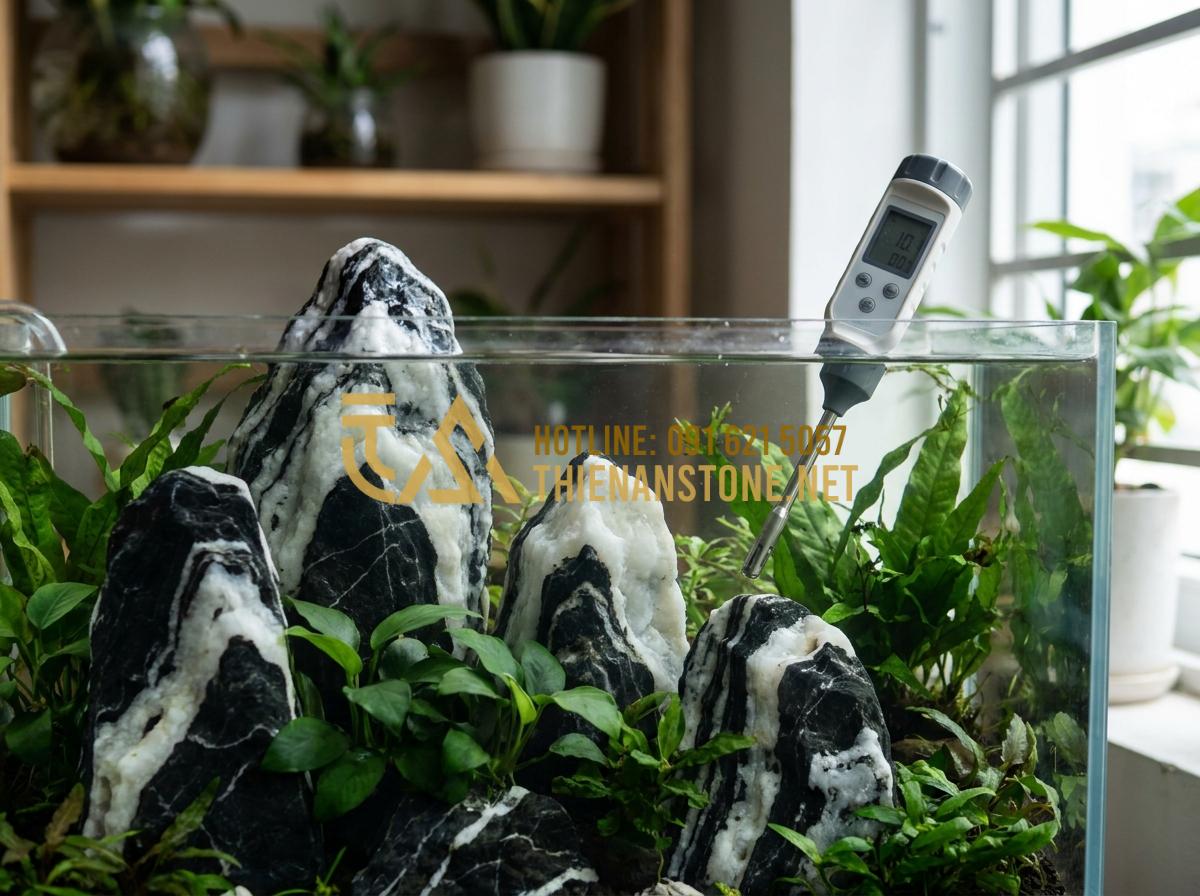 Đá Tuyết Sơn có làm tăng độ cứng (pH) của nước hồ thủy sinh không? - Hình 8 Đá Tuyết Sơn có làm tăng độ cứng (pH) của nước hồ thủy sinh không? - Aquarist testing water parameters with digital meter in a tank decorated with wh