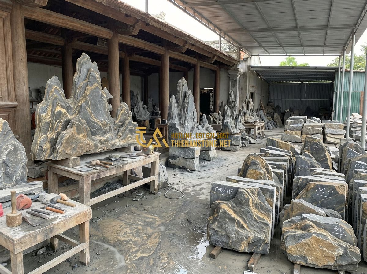 Đá Vân Thạch Là Gì? Đặc Điểm, Phân Loại Và Toàn Bộ Ứng Dụng Trong Thiết Kế Cảnh Quan - Hình 11 Đá Vân Thạch Là Gì? Đặc Điểm, Phân Loại Và Toàn Bộ Ứng Dụng Trong Thiết Kế Cảnh Quan - A panoramic view of Thien An Stone workshop, showing master craftsmen working on