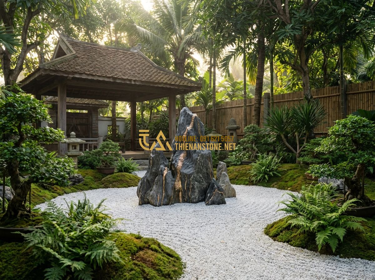 Đá Vân Thạch Là Gì? Đặc Điểm, Phân Loại Và Toàn Bộ Ứng Dụng Trong Thiết Kế Cảnh Quan - Hình 2 Đá Vân Thạch Là Gì? Đặc Điểm, Phân Loại Và Toàn Bộ Ứng Dụng Trong Thiết Kế Cảnh Quan - A professional architectural visualization of a serene Zen garden featuring a la