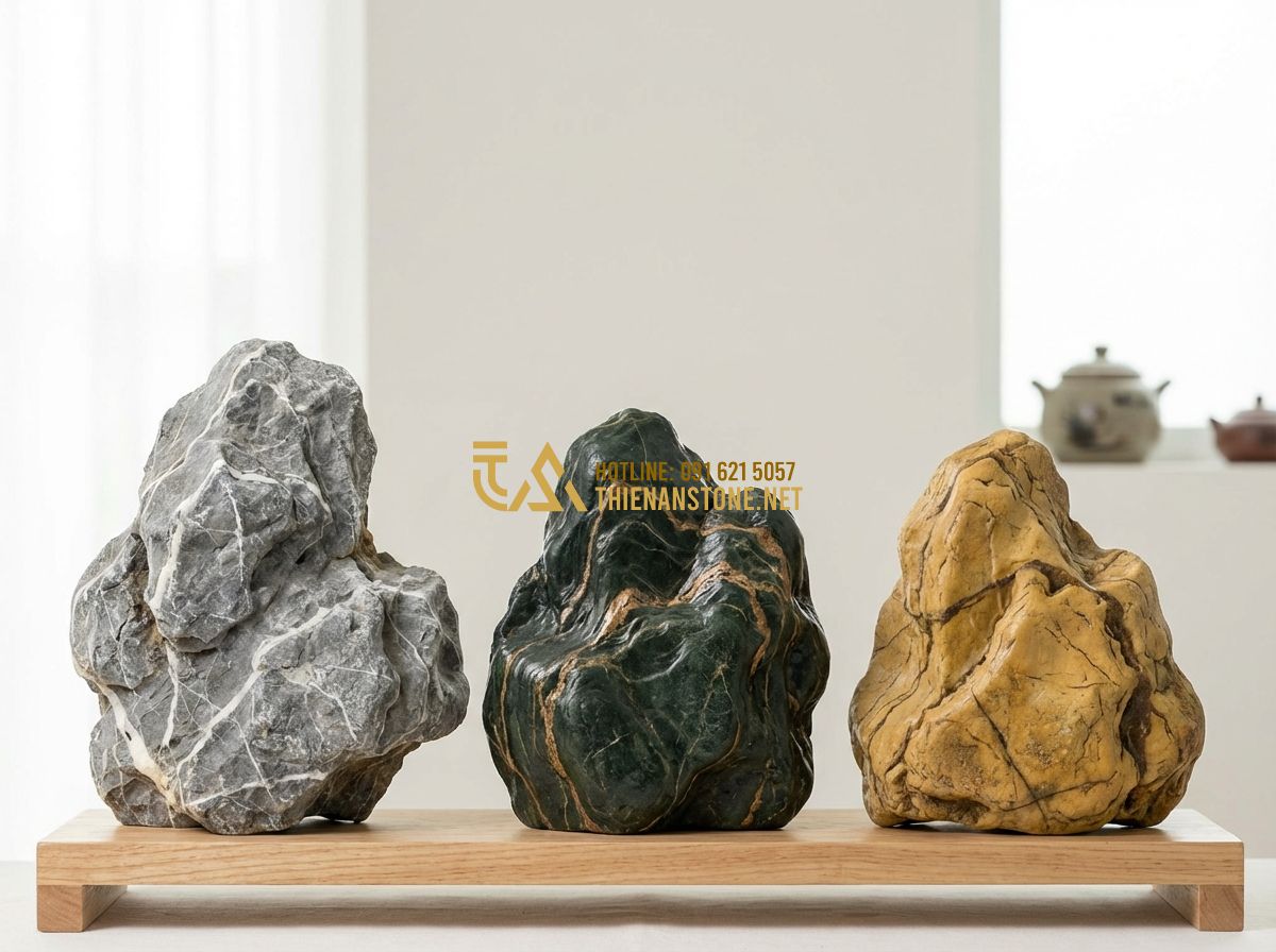 Đá Vân Thạch Là Gì? Đặc Điểm, Phân Loại Và Toàn Bộ Ứng Dụng Trong Thiết Kế Cảnh Quan - Hình 4 Đá Vân Thạch Là Gì? Đặc Điểm, Phân Loại Và Toàn Bộ Ứng Dụng Trong Thiết Kế Cảnh Quan - A side-by-side comparison display of three different types of Van Thach stones: