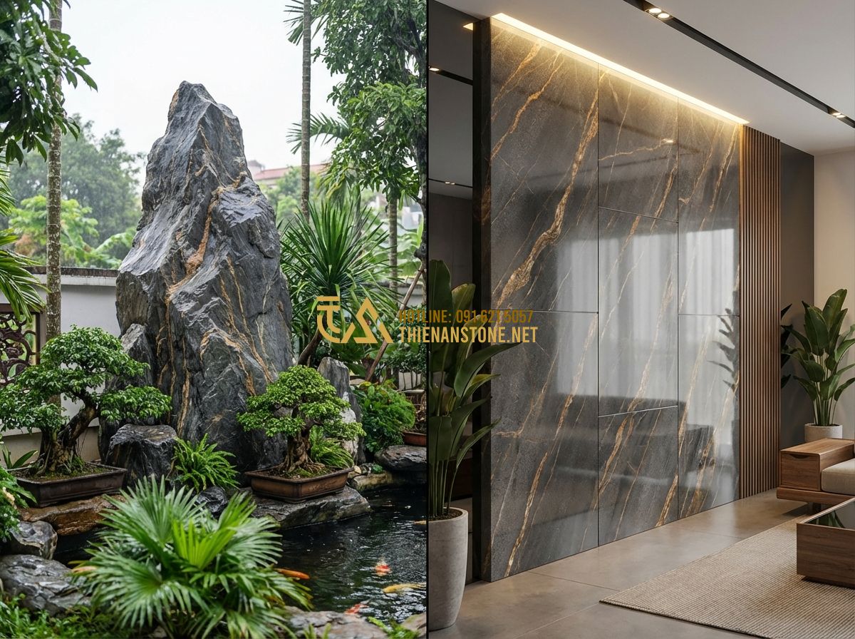 Đá Vân Thạch Là Gì? Đặc Điểm, Phân Loại Và Toàn Bộ Ứng Dụng Trong Thiết Kế Cảnh Quan - Hình 5 Đá Vân Thạch Là Gì? Đặc Điểm, Phân Loại Và Toàn Bộ Ứng Dụng Trong Thiết Kế Cảnh Quan - A split screen illustration showing two uses of Van Thach stone: on the left, a