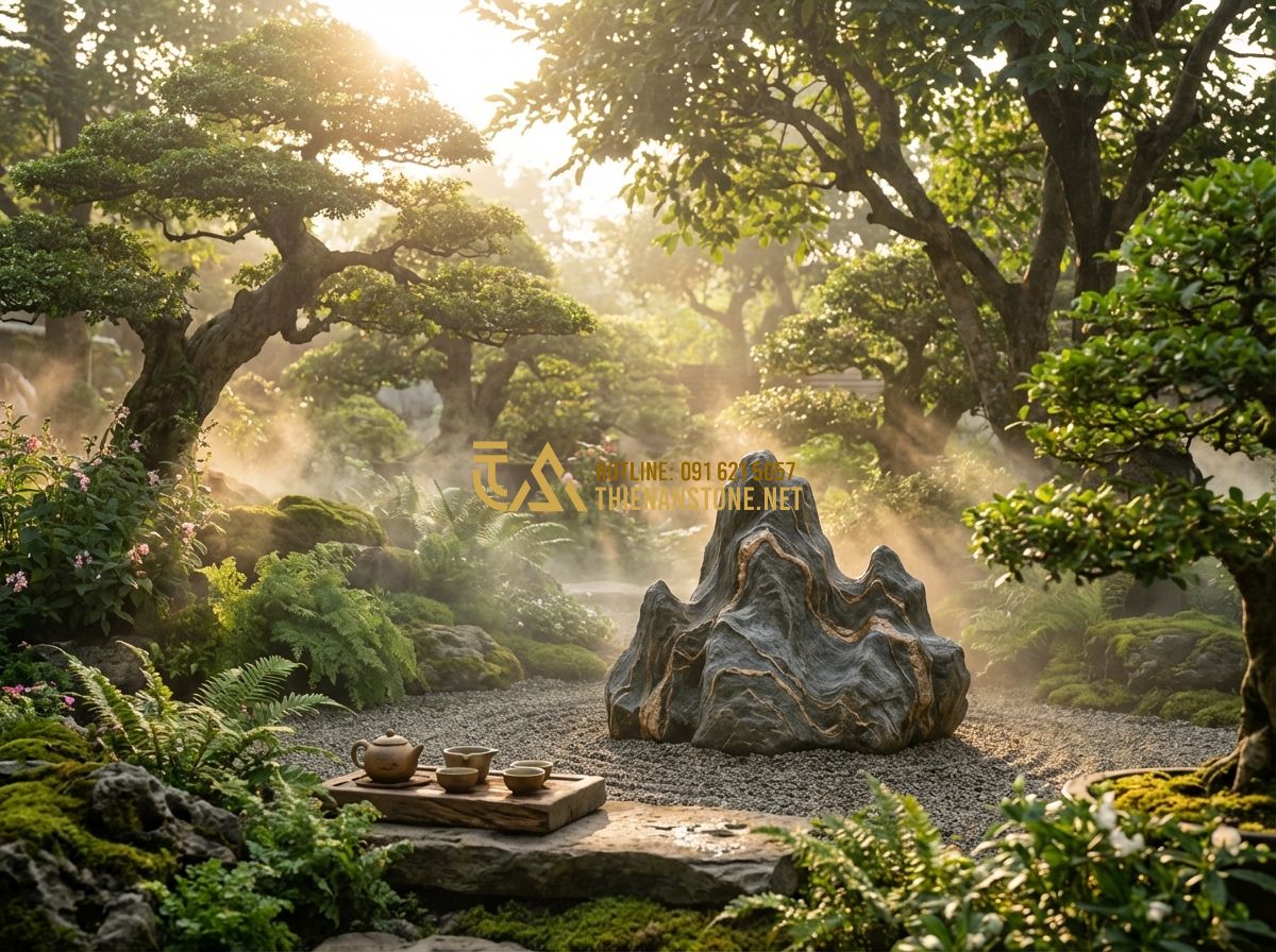 Đá Vân Thạch Là Gì? Đặc Điểm, Phân Loại Và Toàn Bộ Ứng Dụng Trong Thiết Kế Cảnh Quan - Hình 8 Đá Vân Thạch Là Gì? Đặc Điểm, Phân Loại Và Toàn Bộ Ứng Dụng Trong Thiết Kế Cảnh Quan - A peaceful scene of a person meditating in a garden next to a smooth Van Thach s