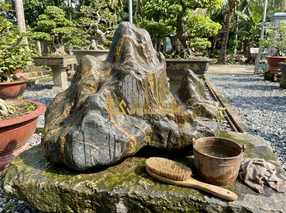Đá Vân Thạch Là Gì? Đặc Điểm, Phân Loại Và Toàn Bộ Ứng Dụng Trong Thiết Kế Cảnh Quan - Hình 9 Đá Vân Thạch Là Gì? Đặc Điểm, Phân Loại Và Toàn Bộ Ứng Dụng Trong Thiết Kế Cảnh Quan - A professional worker carefully cleaning a large Van Thach stone in a garden usi