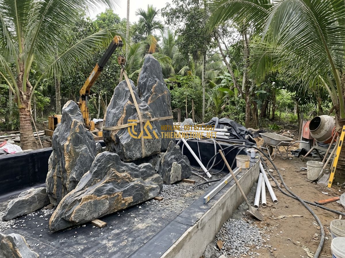 Đá Vân Thạch Làm Thác Nước: Top Mẫu Thác Đá Đẹp Nhất 2024 Và Cách Thi Công Chuyên Nghiệp - Tạo ảnh tiếng Anh: A professional construction scene of a garden waterfall. Work