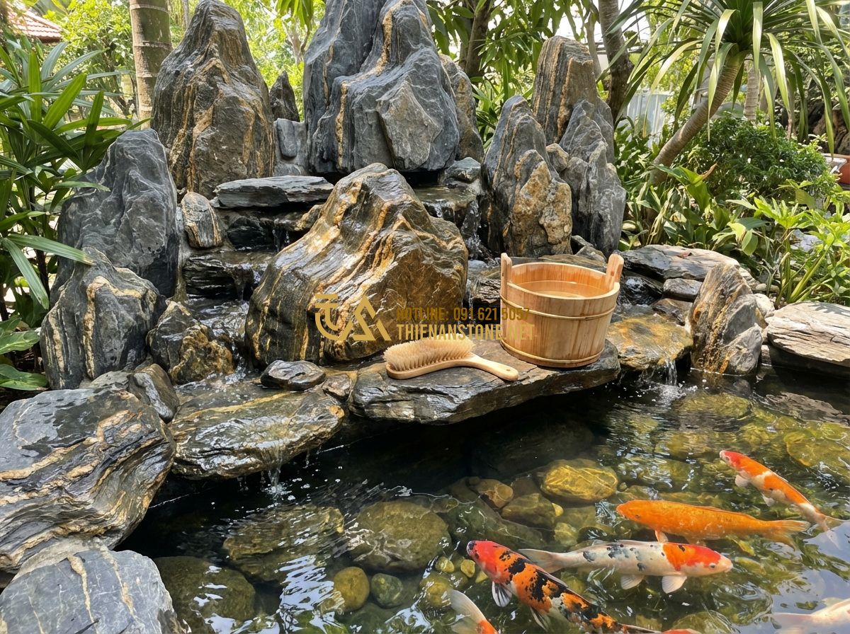 Đá Vân Thạch Làm Thác Nước: Top Mẫu Thác Đá Đẹp Nhất 2024 Và Cách Thi Công Chuyên Nghiệp - Tạo ảnh tiếng Anh: A garden maintenance scene where a homeowner is gently cleani