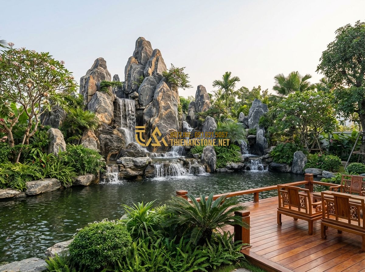 Đá Vân Thạch Làm Thác Nước: Top Mẫu Thác Đá Đẹp Nhất 2024 Và Cách Thi Công Chuyên Nghiệp - Tạo ảnh tiếng Anh: A wide shot of a luxurious villa garden featuring a grand mul