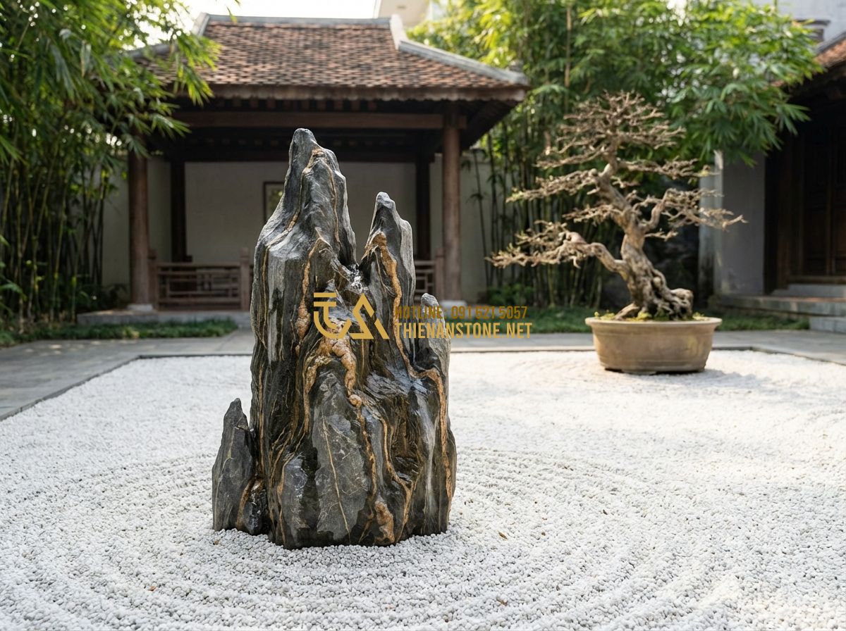 Đá Vân Thạch Làm Tiểu Cảnh: 20+ Ý Tưởng Tiểu Cảnh Sân Vườn Đẹp Sang Trọng Và Ý Nghĩa Phong Thủy - Tạo ảnh tiếng Anh: A Japanese Zen garden style landscape featuring a large, vert
