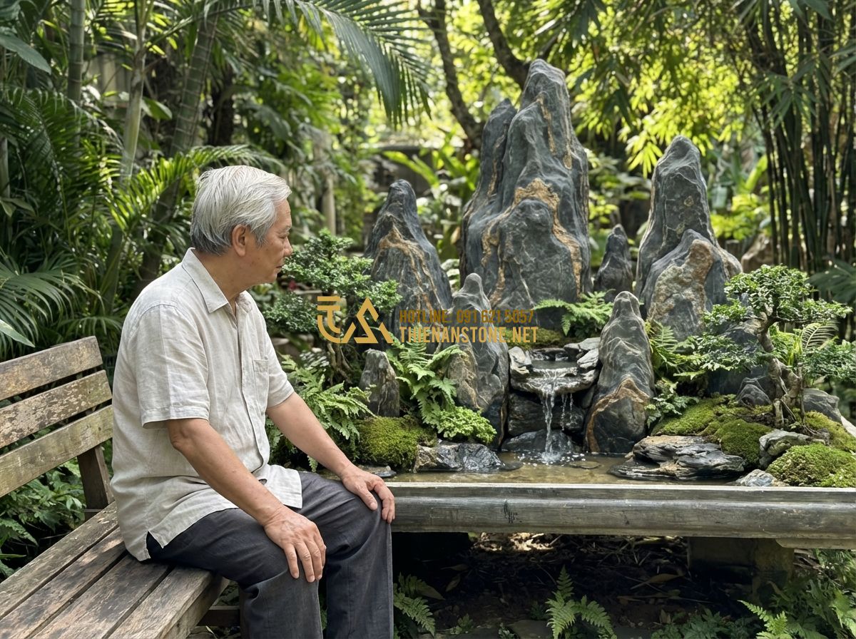 Đá Vân Thạch Làm Tiểu Cảnh: 20+ Ý Tưởng Tiểu Cảnh Sân Vườn Đẹp Sang Trọng Và Ý Nghĩa Phong Thủy - Tạo ảnh tiếng Anh: An elderly, elegant man (Mr. Thanh) sitting on a wooden bench