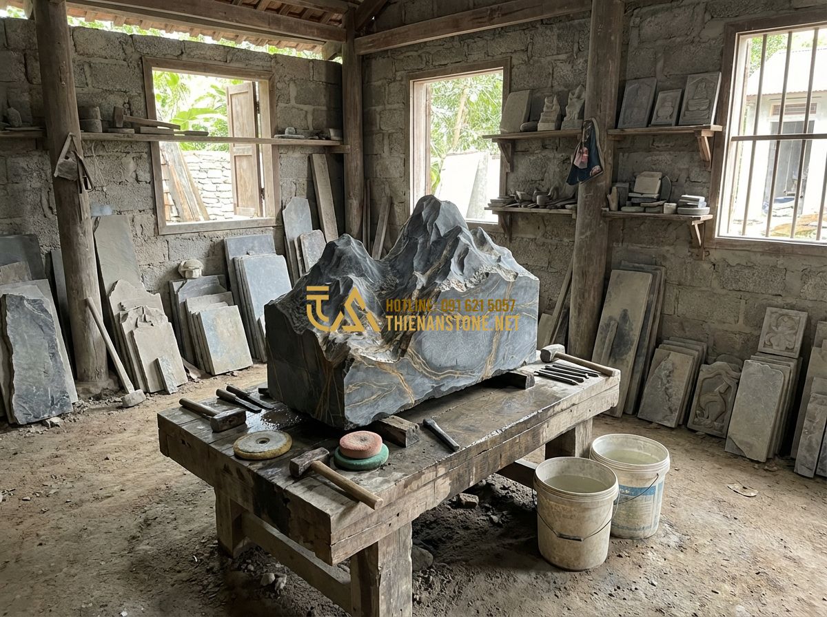 Đá Vân Thạch Làm Tiểu Cảnh: 20+ Ý Tưởng Tiểu Cảnh Sân Vườn Đẹp Sang Trọng Và Ý Nghĩa Phong Thủy - Tạo ảnh tiếng Anh: A professional team of stone artisans at Thien An Stone works