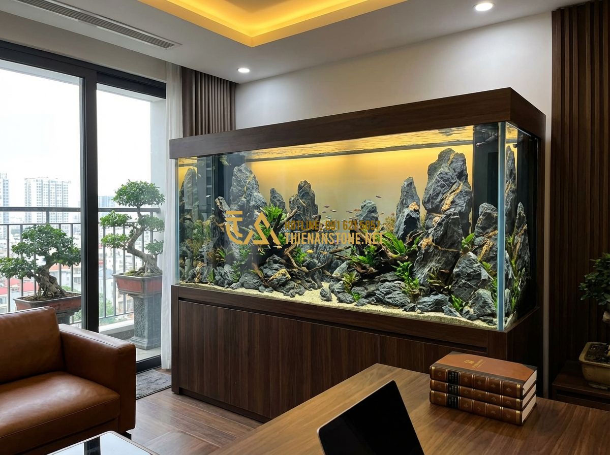 Đá Vân Thạch Phong Thủy: Ý Nghĩa Và Cách Sử Dụng Mang Lại Tài Lộc Cho Gia Chủ - Tạo ảnh tiếng Anh: A young professional man standing proudly next to a large, ex