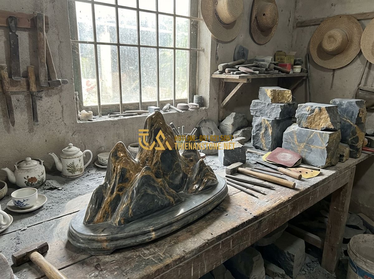 Đá Vân Thạch Phong Thủy: Ý Nghĩa Và Cách Sử Dụng Mang Lại Tài Lộc Cho Gia Chủ - Tạo ảnh tiếng Anh: An artisan workshop at Thien An Stone Craft Factory. A skille