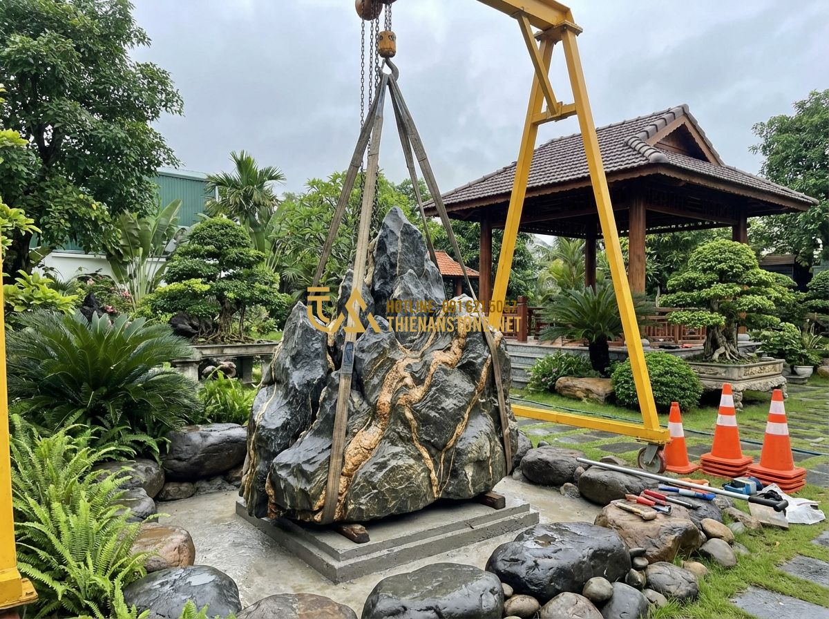 Đá Vân Thạch Phong Thủy: Ý Nghĩa Và Cách Sử Dụng Mang Lại Tài Lộc Cho Gia Chủ - Tạo ảnh tiếng Anh: A professional delivery and installation scene where a team i