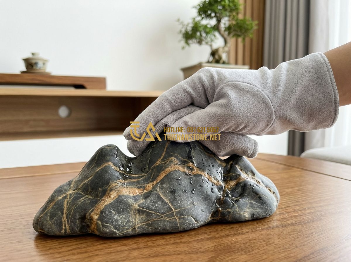 Đá Vân Thạch Phong Thủy: Ý Nghĩa Và Cách Sử Dụng Mang Lại Tài Lộc Cho Gia Chủ - Tạo ảnh tiếng Anh: A close-up of a person's hand gently cleaning a smooth, veine