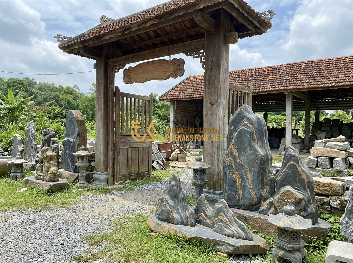 Đá Vân Thạch Phong Thủy: Ý Nghĩa Và Cách Sử Dụng Mang Lại Tài Lộc Cho Gia Chủ - Tạo ảnh tiếng Anh: The entrance of "Thien An Stone Craft Factory" in a scenic ru