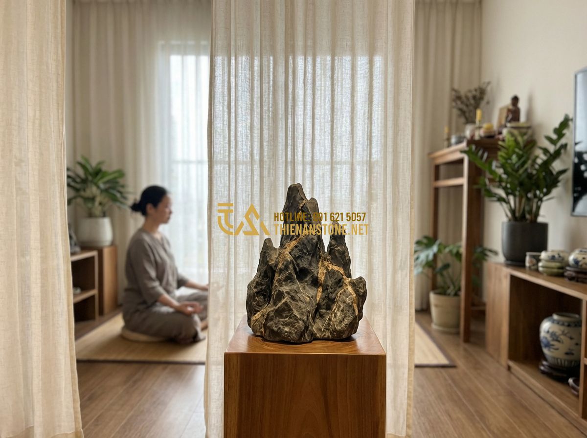Đá Vân Thạch Phong Thủy: Ý Nghĩa Và Cách Sử Dụng Mang Lại Tài Lộc Cho Gia Chủ - Tạo ảnh tiếng Anh: A serene interior scene featuring a large, artistic Van Thach