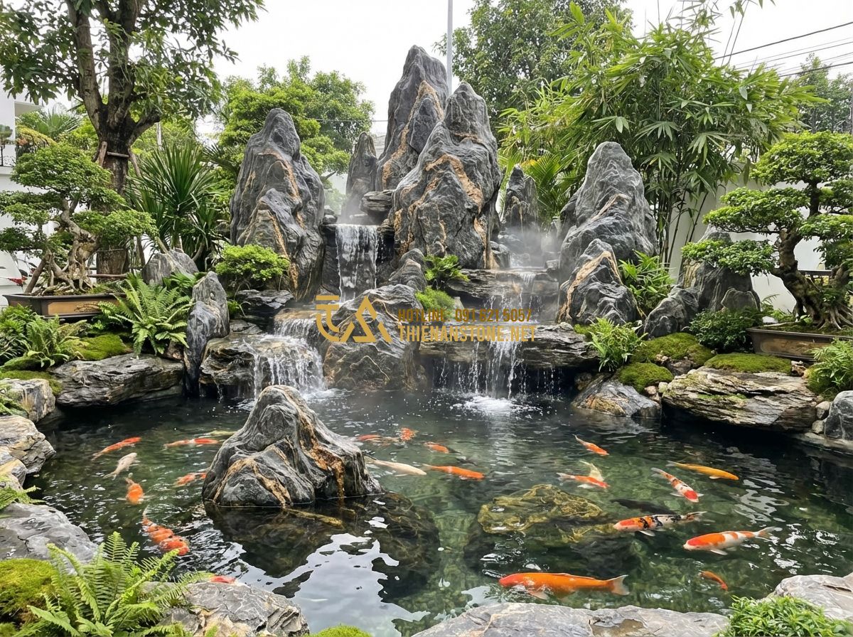 Đá Vân Thạch Phong Thủy: Ý Nghĩa Và Cách Sử Dụng Mang Lại Tài Lộc Cho Gia Chủ - Tạo ảnh tiếng Anh: A stunning outdoor Koi pond featuring large, artistic Van Tha