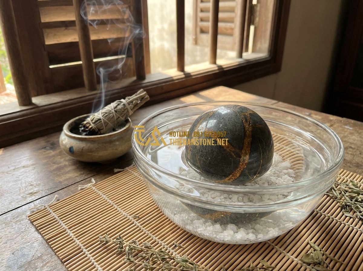 Đá Vân Thạch Phong Thủy: Ý Nghĩa Và Cách Sử Dụng Mang Lại Tài Lộc Cho Gia Chủ - Tạo ảnh tiếng Anh: A ritualistic scene of cleansing a small Van Thach stone sphe