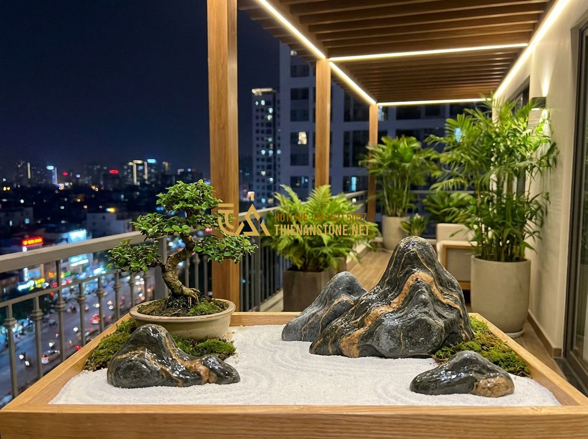 Đá Vân Thạch Phong Thủy: Ý Nghĩa Và Cách Sử Dụng Mang Lại Tài Lộc Cho Gia Chủ - Tạo ảnh tiếng Anh: A stylish, modern balcony garden setup in a high-rise apartme