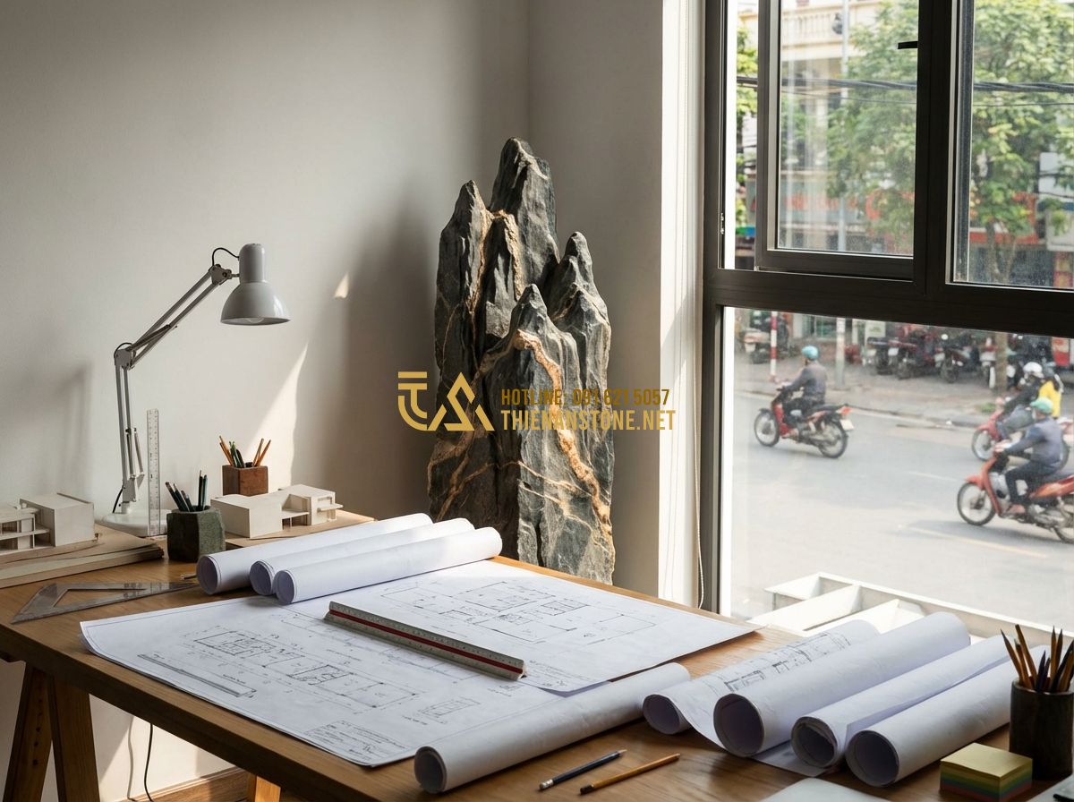 Đá Vân Thạch Phong Thủy: Ý Nghĩa Và Cách Sử Dụng Mang Lại Tài Lộc Cho Gia Chủ - Tạo ảnh tiếng Anh: A male architect in a modern, creative studio, sitting at a d