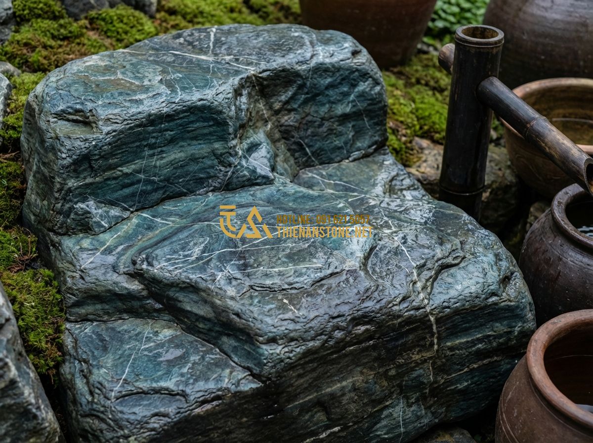 Đá Xanh Nhật Bản Dựng Non Bộ: Cách Thi Công Non Bộ Đẹp Sang Trọng Như Chuyên Gia - Tạo ảnh tiếng Anh: High-quality Japanese Blue Stone (Aonashi) blocks with deep b