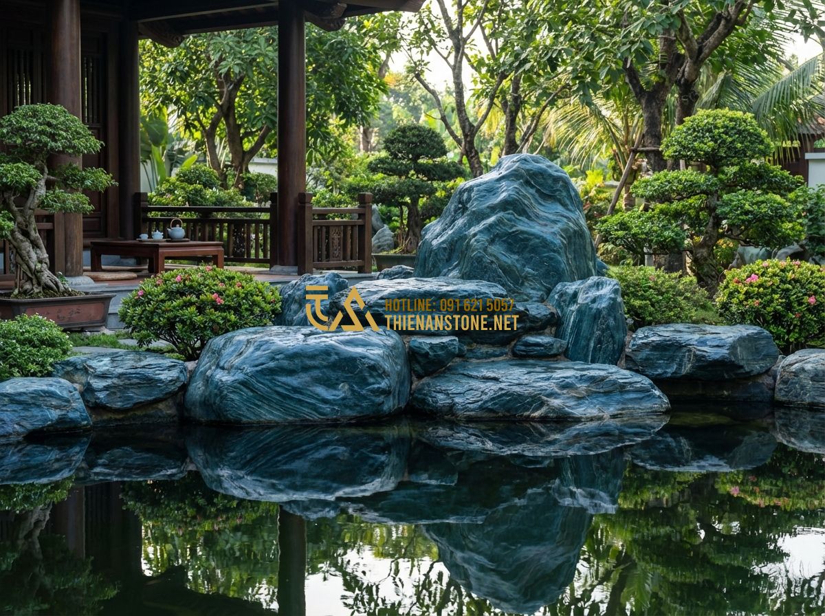 Đá Xanh Nhật Bản Dựng Non Bộ: Cách Thi Công Non Bộ Đẹp Sang Trọng Như Chuyên Gia - Tạo ảnh tiếng Anh: An elegant Japanese garden featuring a majestic rockery made