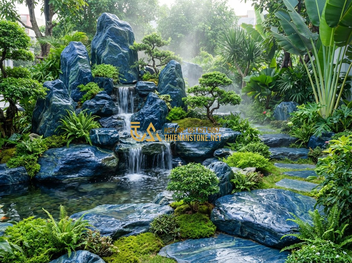 Đá Xanh Nhật Bản Dựng Non Bộ: Cách Thi Công Non Bộ Đẹp Sang Trọng Như Chuyên Gia - Tạo ảnh tiếng Anh: Professional feng shui landscape design showing a Japanese bl
