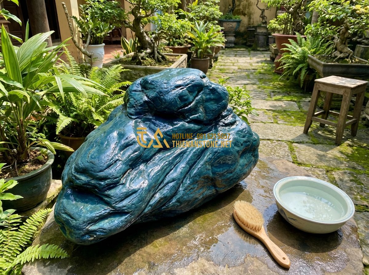 Đá Xanh Nhật Bản Dựng Non Bộ: Cách Thi Công Non Bộ Đẹp Sang Trọng Như Chuyên Gia - Tạo ảnh tiếng Anh: A homeowner using a soft brush and clean water to gently clea