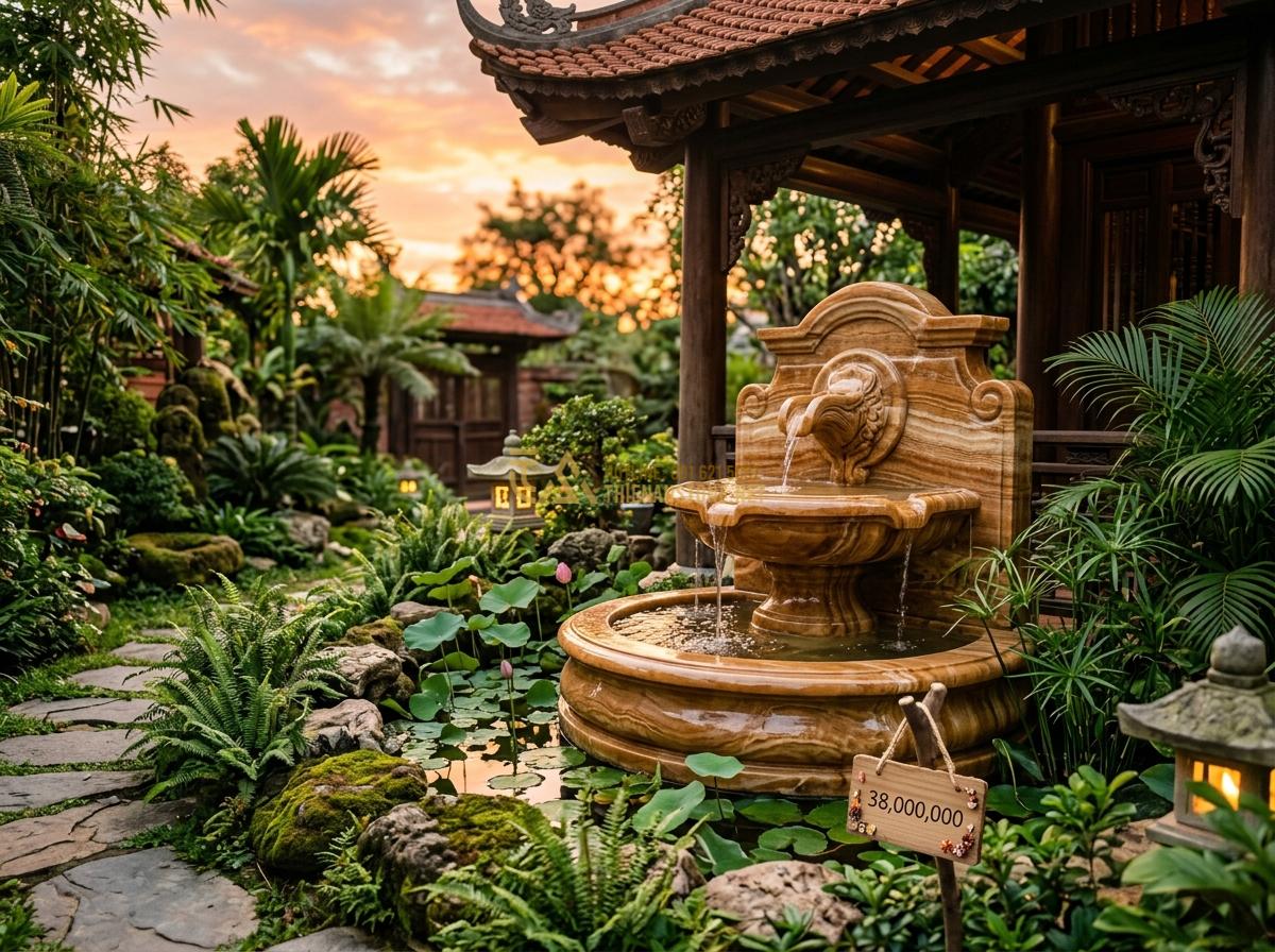Đài Phun Nước Bằng Đá Cho Sân Vườn Nhỏ: Mẫu Nào Phù Hợp & Chi Phí Bao Nhiêu? - Hình 15 Đài Phun Nước Bằng Đá Cho Sân Vườn Nhỏ: Mẫu Nào Phù Hợp & Chi Phí Bao Nhiêu? - Luxurious completed small stone water fountain project with price tag elements a