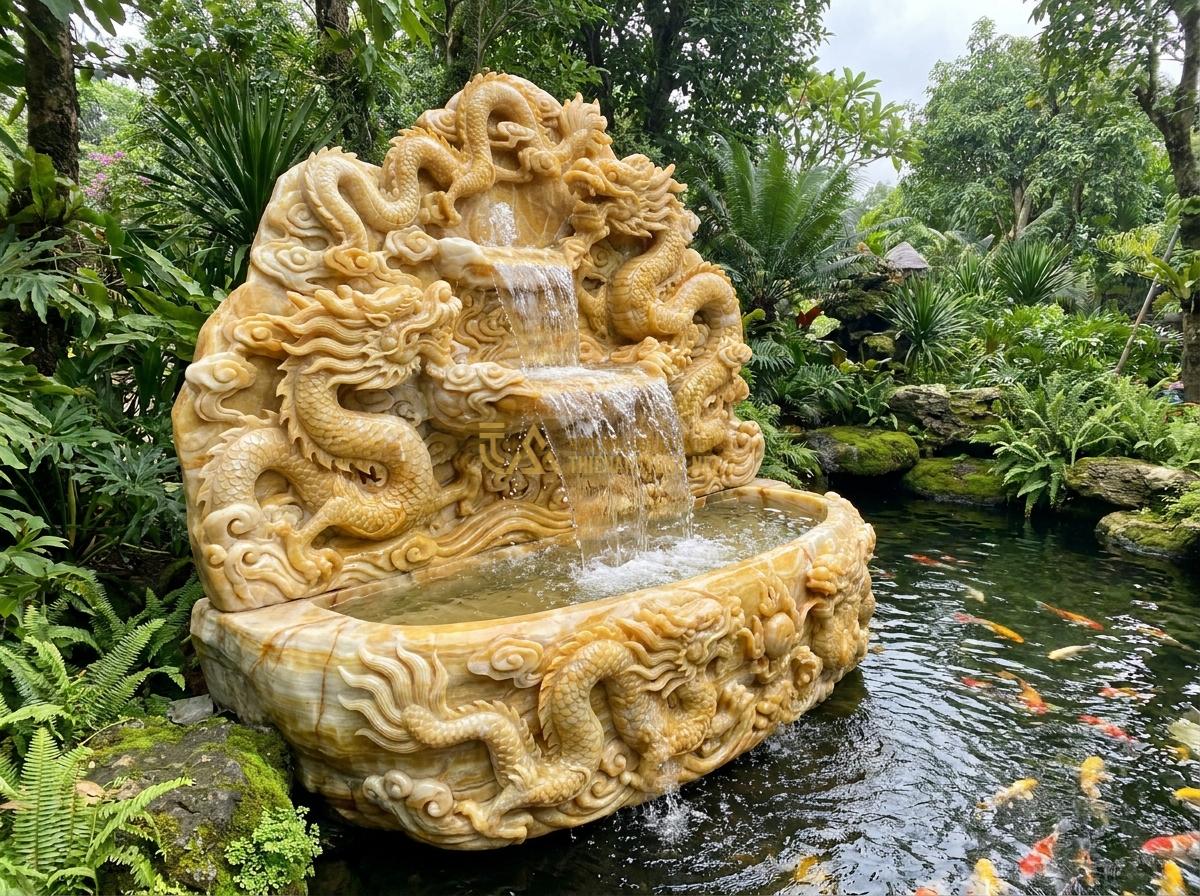 Đài Phun Nước Bằng Đá Phong Thủy: Ý Nghĩa, Cách Bố Trí & Lợi Ích Mang Lại Tài Lộc - A highly detailed realistic photograph of a large natural stone fountain with ca