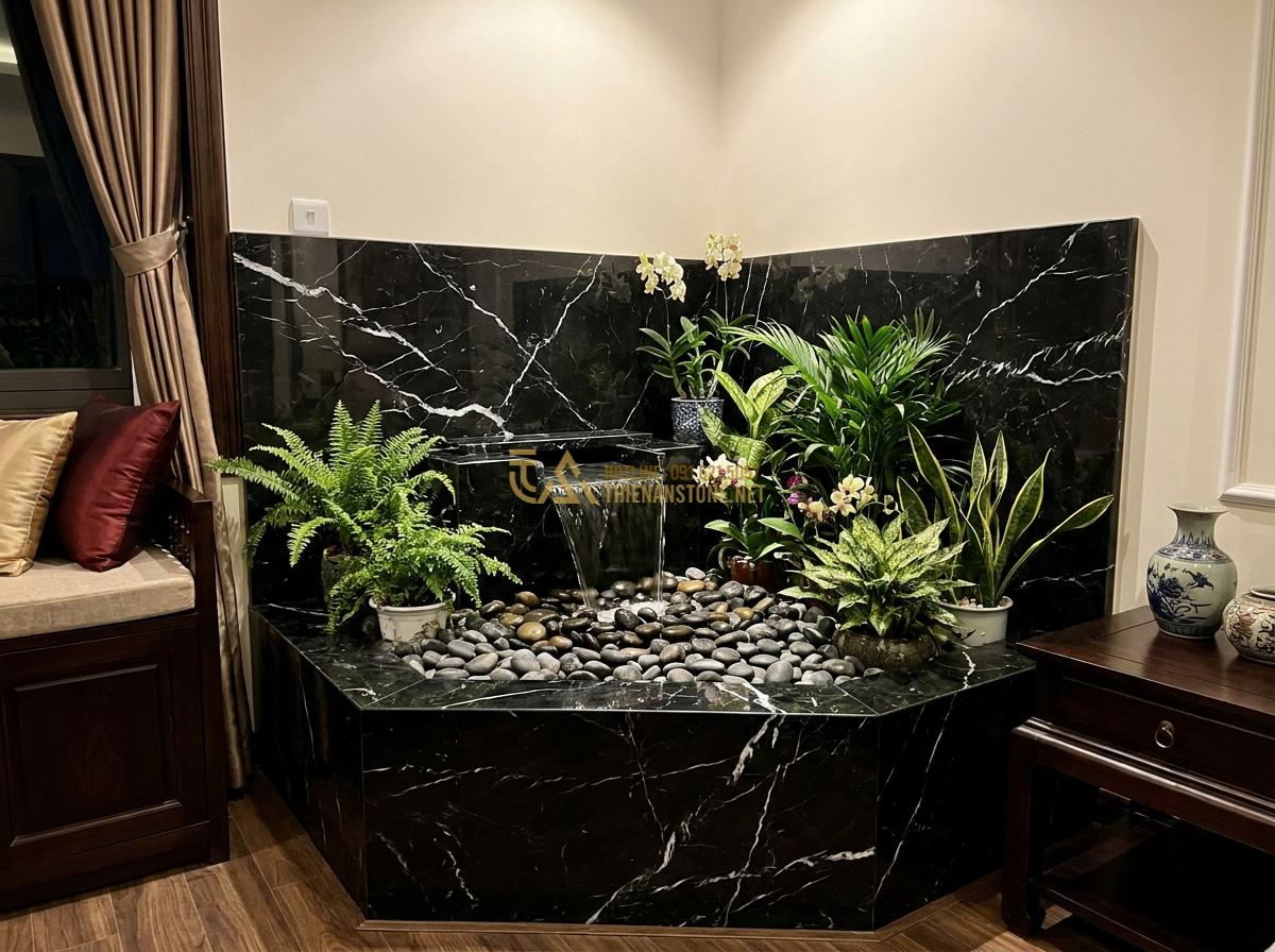 Đài Phun Nước Bằng Đá Phong Thủy: Ý Nghĩa, Cách Bố Trí & Lợi Ích Mang Lại Tài Lộc - Sophisticated small indoor stone fountain installed in a corner of a luxurious b