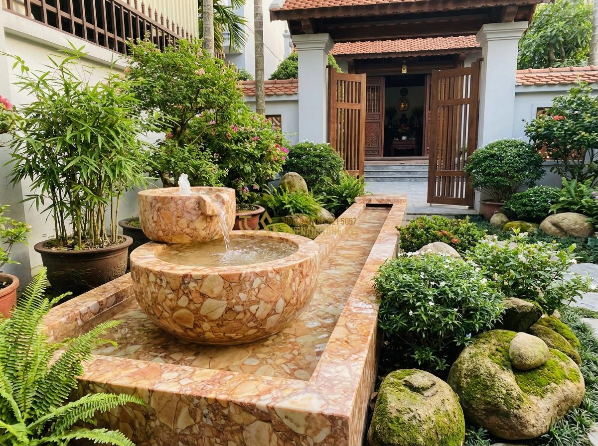 Đài Phun Nước Bằng Đá Phong Thủy: Ý Nghĩa, Cách Bố Trí & Lợi Ích Mang Lại Tài Lộc - Properly placed outdoor stone fountain in a feng shui garden according to direct