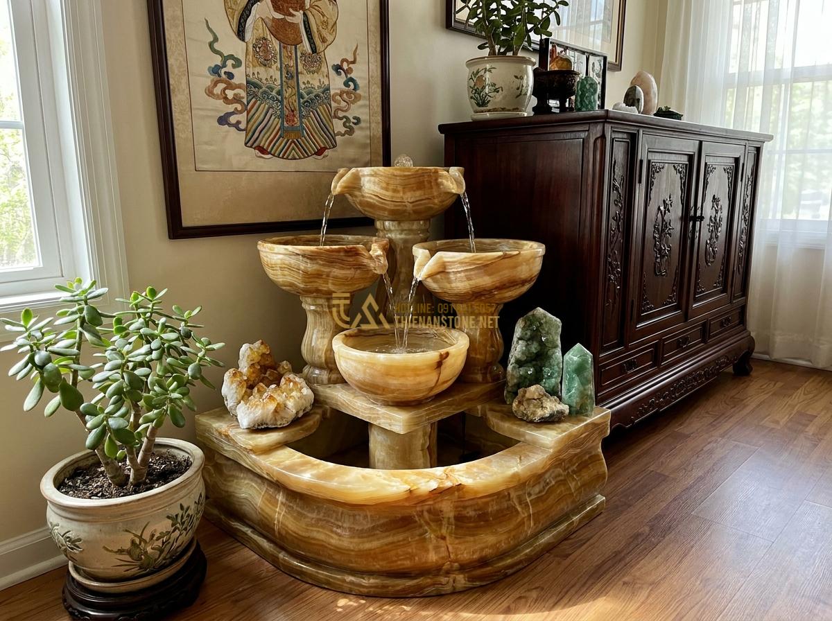 Đài Phun Nước Bằng Đá Phong Thủy: Ý Nghĩa, Cách Bố Trí & Lợi Ích Mang Lại Tài Lộc - Feng shui compliant indoor stone fountain positioned in the wealth corner of a l