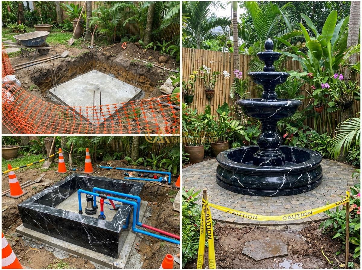 Đài Phun Nước Bằng Đá Phong Thủy: Ý Nghĩa, Cách Bố Trí & Lợi Ích Mang Lại Tài Lộc - Professional installation process of a stone water fountain showing foundation w