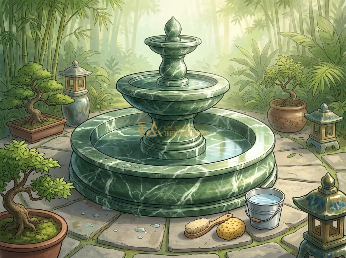 Đài Phun Nước Bằng Đá Phong Thủy: Ý Nghĩa, Cách Bố Trí & Lợi Ích Mang Lại Tài Lộc - Maintenance tips illustration with clean stone fountain being gently cleaned, to