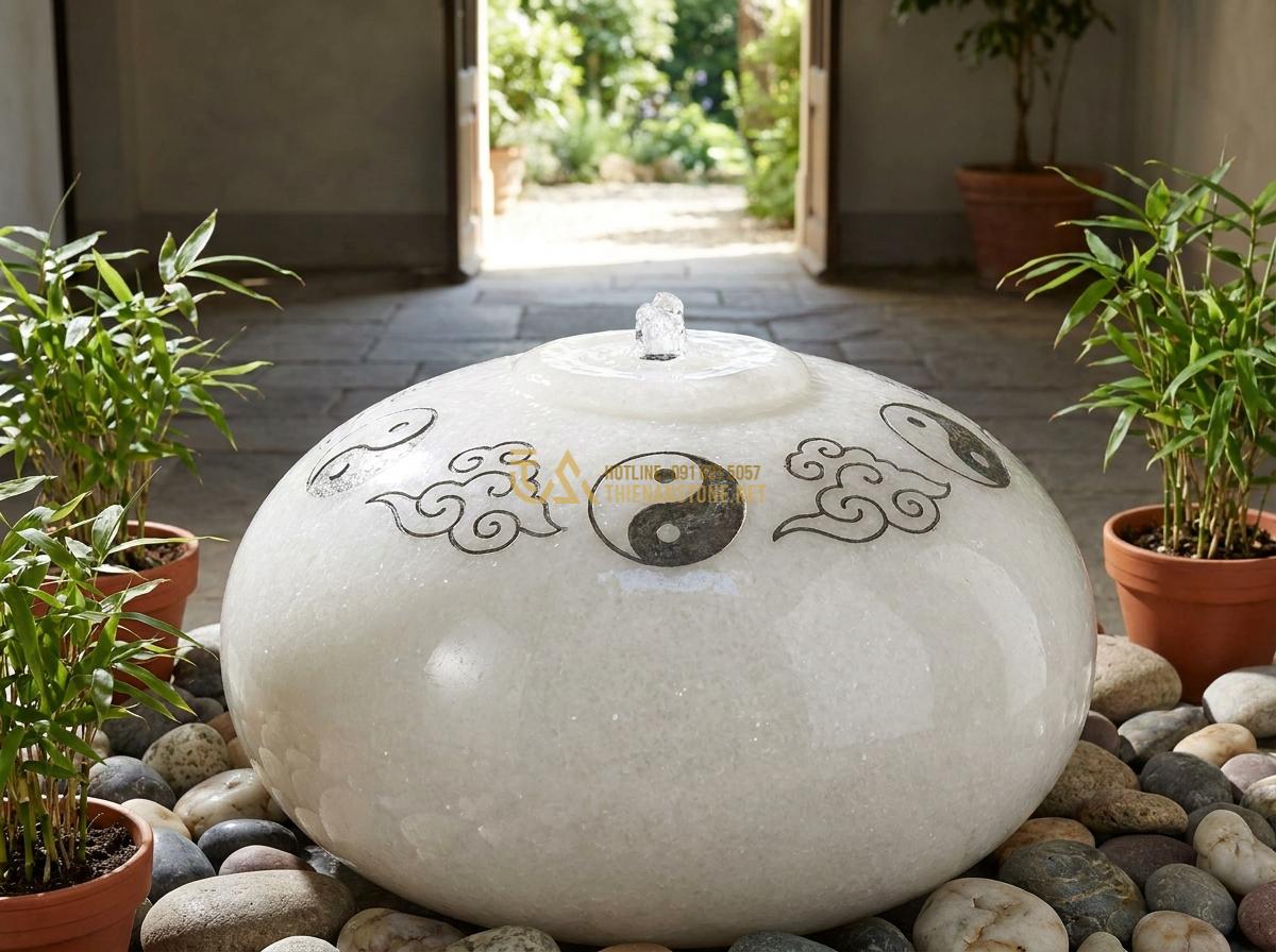 Đài Phun Nước Bằng Đá Phong Thủy: Ý Nghĩa, Cách Bố Trí & Lợi Ích Mang Lại Tài Lộc - Close-up view of polished natural stone fountain base with gentle water spout an
