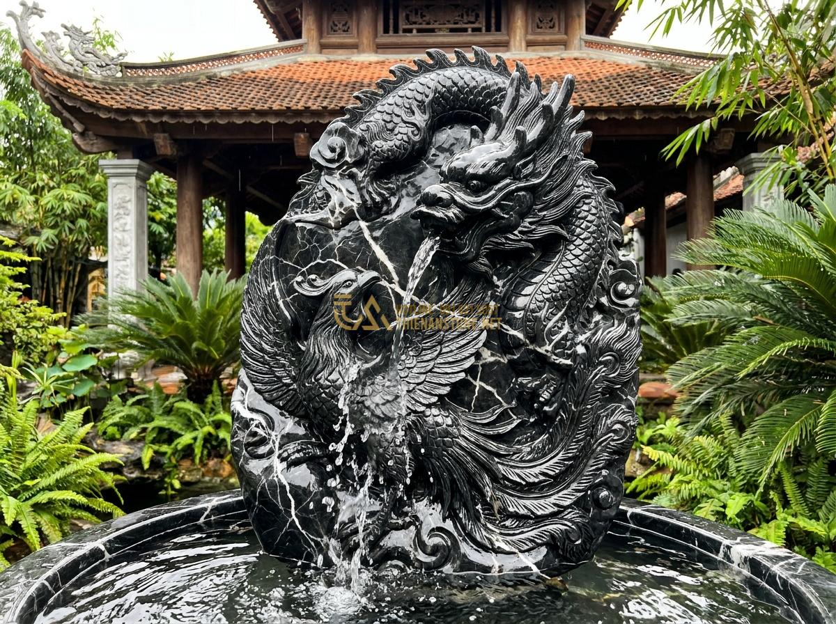 Đài Phun Nước Bằng Đá Phong Thủy: Ý Nghĩa, Cách Bố Trí & Lợi Ích Mang Lại Tài Lộc - Detailed close-up of a carved stone water fountain featuring feng shui dragon an