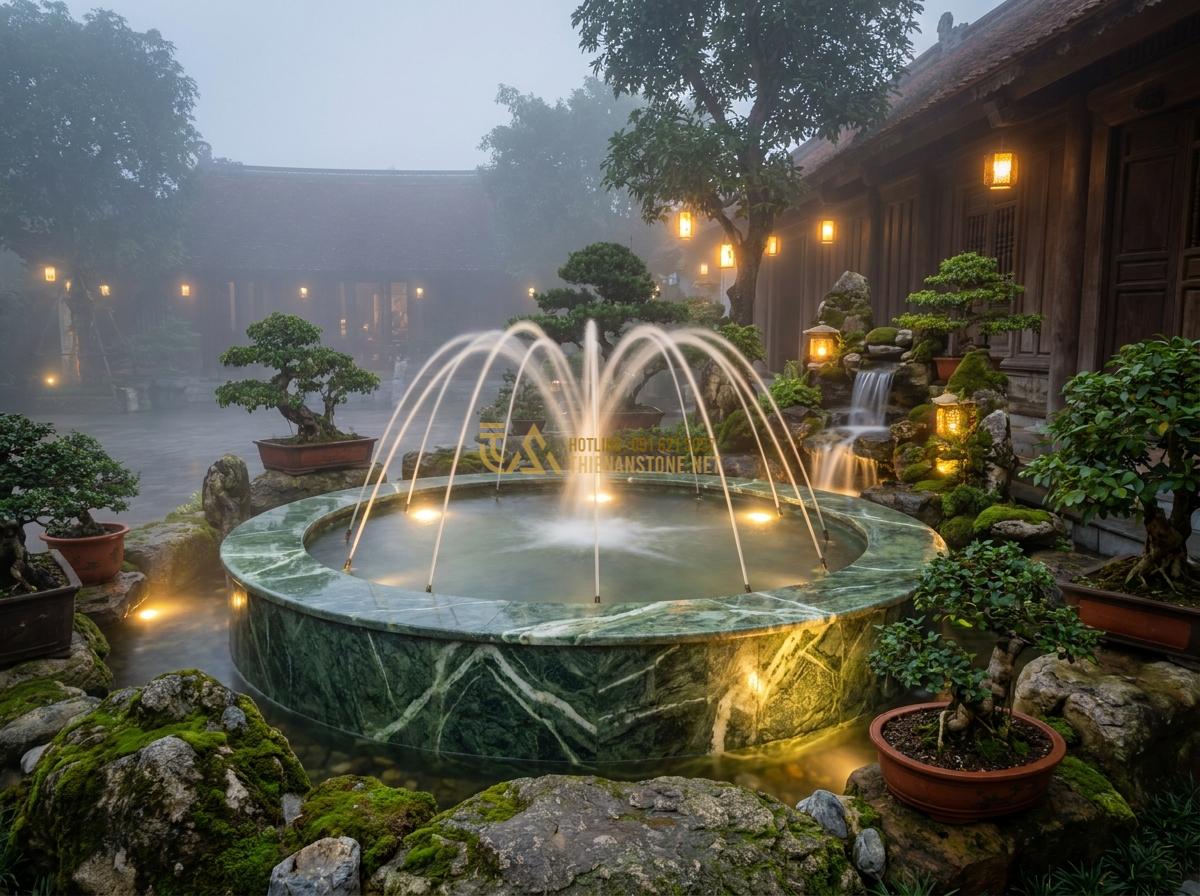 Đài Phun Nước Bằng Đá Phong Thủy: Ý Nghĩa, Cách Bố Trí & Lợi Ích Mang Lại Tài Lộc - Wide angle shot of an elegant stone fountain in a feng shui garden layout with w