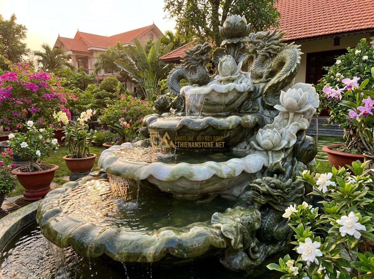 Đài Phun Nước Bằng Đá Phong Thủy: Ý Nghĩa, Cách Bố Trí & Lợi Ích Mang Lại Tài Lộc - Luxurious outdoor stone water fountain with multiple tiers of cascading water, i