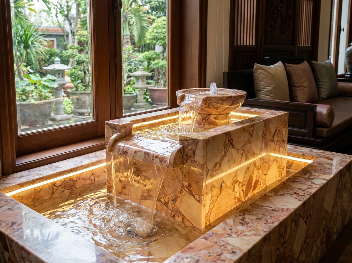 Đài Phun Nước Bằng Đá Phong Thủy: Ý Nghĩa, Cách Bố Trí & Lợi Ích Mang Lại Tài Lộc - Serene indoor stone fountain with soft water flow placed near a window overlooki