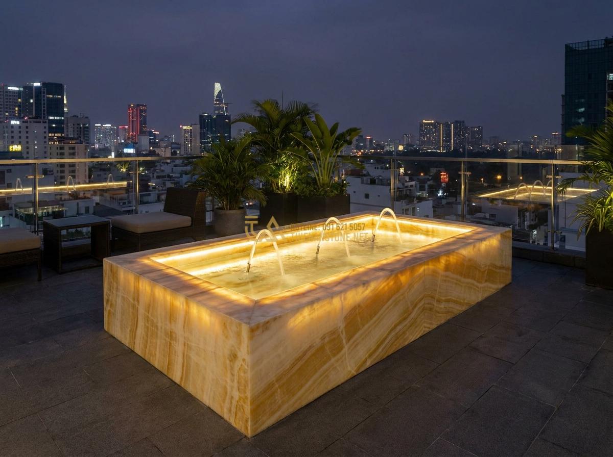 Đài Phun Nước Bằng Đá Phong Thủy: Ý Nghĩa, Cách Bố Trí & Lợi Ích Mang Lại Tài Lộc - Modern minimalist stone fountain with sleek lines, integrated LED lights illumin