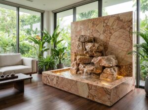 Đài Phun Nước Bằng Đá Trong Nhà: Ý Tưởng Thiết Kế & Lưu Ý Quan Trọng - Modern indoor stone water fountain with gentle cascading water over natural gran