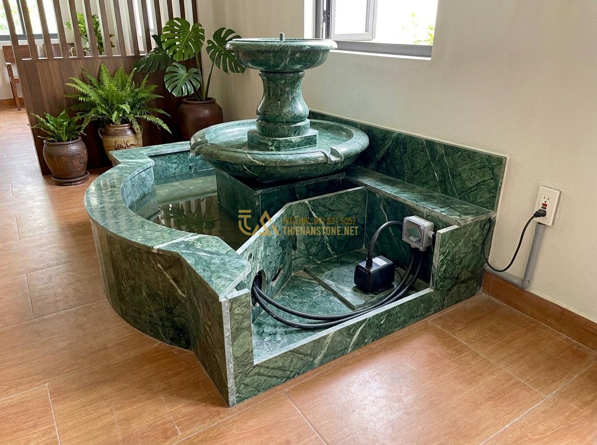 Đài Phun Nước Bằng Đá Trong Nhà: Ý Tưởng Thiết Kế & Lưu Ý Quan Trọng - Professional installation process of indoor stone fountain with hidden water cir