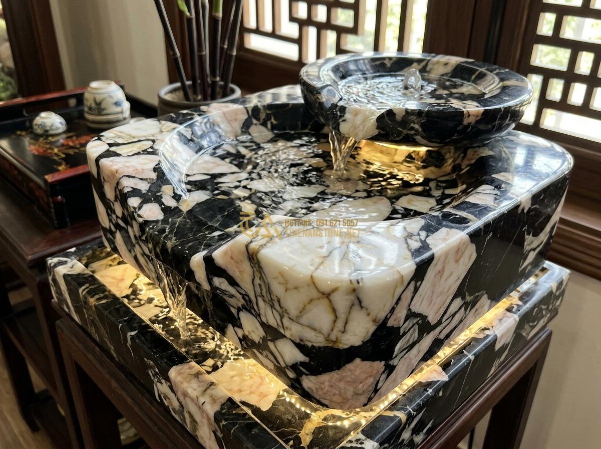 Đài Phun Nước Bằng Đá Trong Nhà: Ý Tưởng Thiết Kế & Lưu Ý Quan Trọng - Close-up view of small indoor stone fountain featuring polished marble basin wit