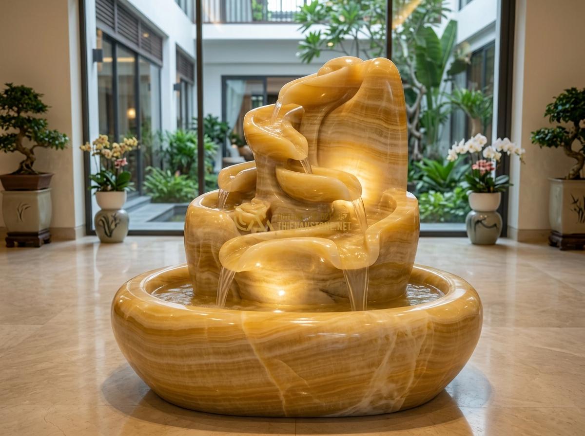 Đài Phun Nước Bằng Đá Trong Nhà: Ý Tưởng Thiết Kế & Lưu Ý Quan Trọng - Polished black granite stone water fountain design suitable for indoor placement