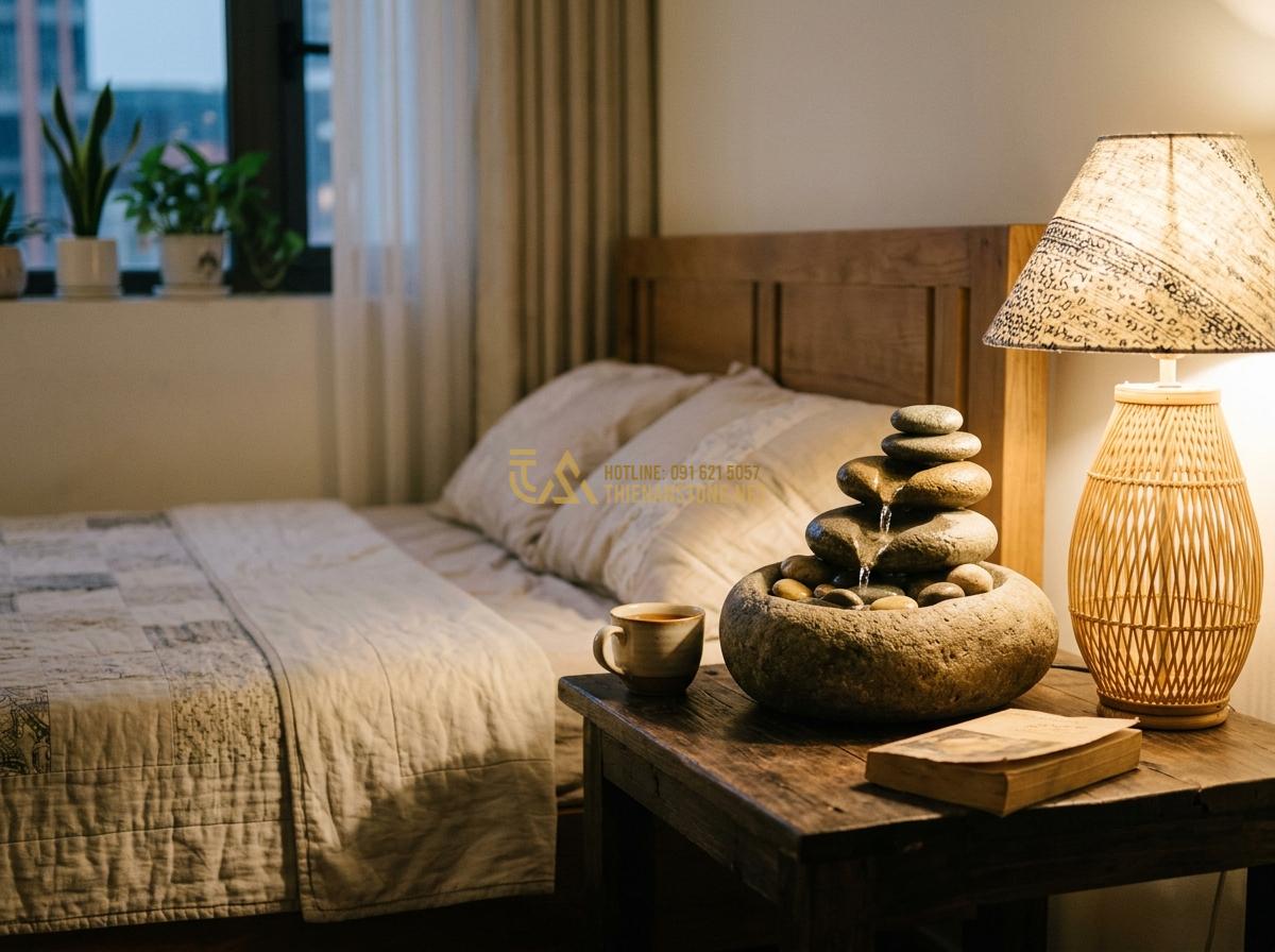 Đài Phun Nước Bằng Đá Trong Nhà: Ý Tưởng Thiết Kế & Lưu Ý Quan Trọng - Small compact indoor stone fountain on wooden nightstand in cozy bedroom with so