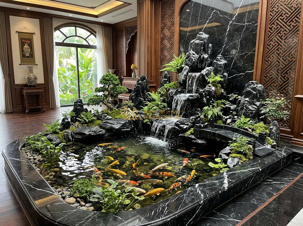 Đài Phun Nước Bằng Đá Trong Nhà: Ý Tưởng Thiết Kế & Lưu Ý Quan Trọng - Indoor stone water fountain integrated with small Koi pond and miniature rockery