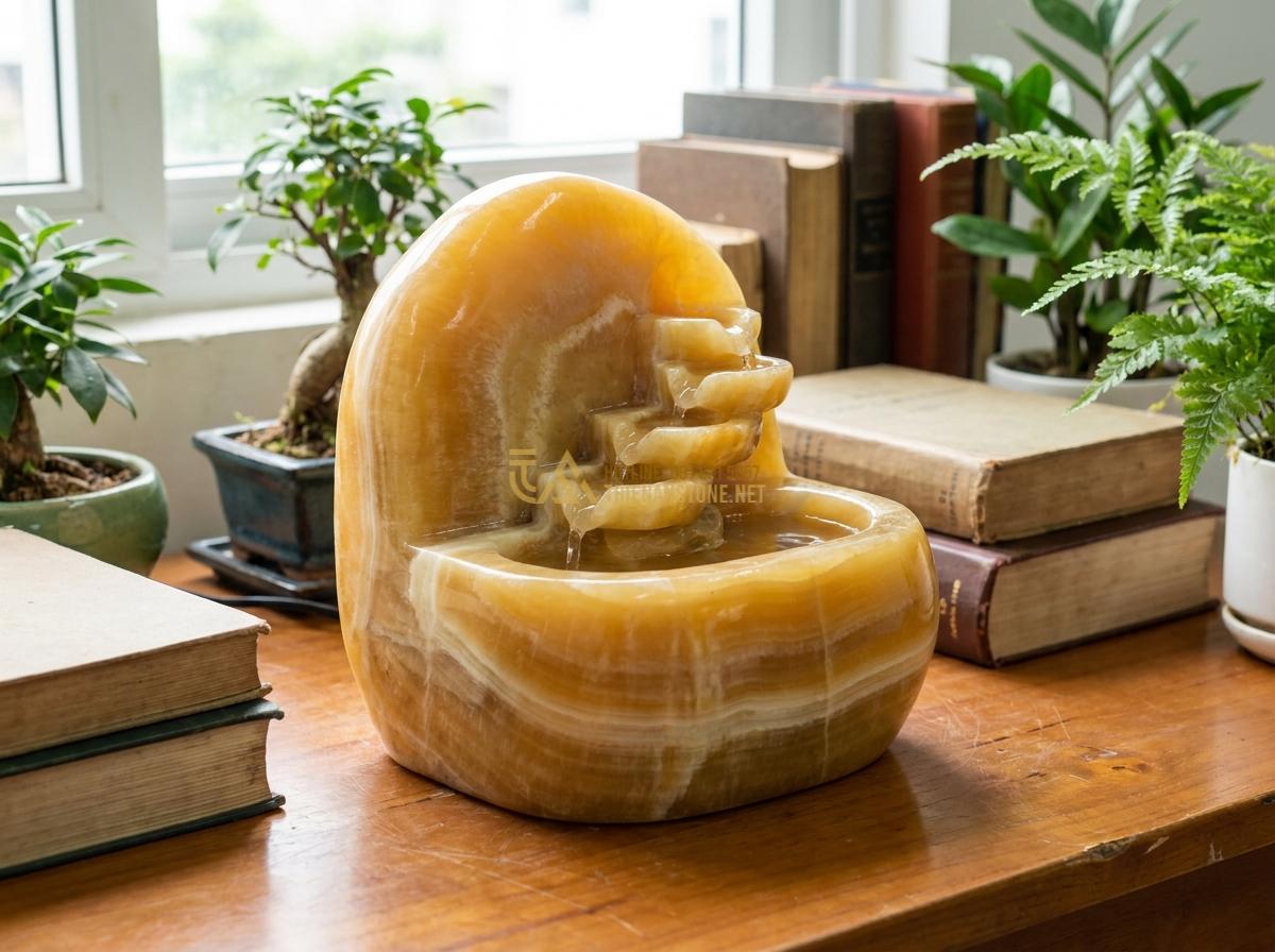 Đài Phun Nước Mini Bằng Đá Tự Nhiên: Mẫu Đẹp, Giá Rẻ Cho Không Gian Nhỏ & Để Bàn - Hình 1 Đài Phun Nước Mini Bằng Đá Tự Nhiên: Mẫu Đẹp, Giá Rẻ Cho Không Gian Nhỏ & Để Bàn - Close-up view of a compact natural stone mini water fountain with gentle cascadi