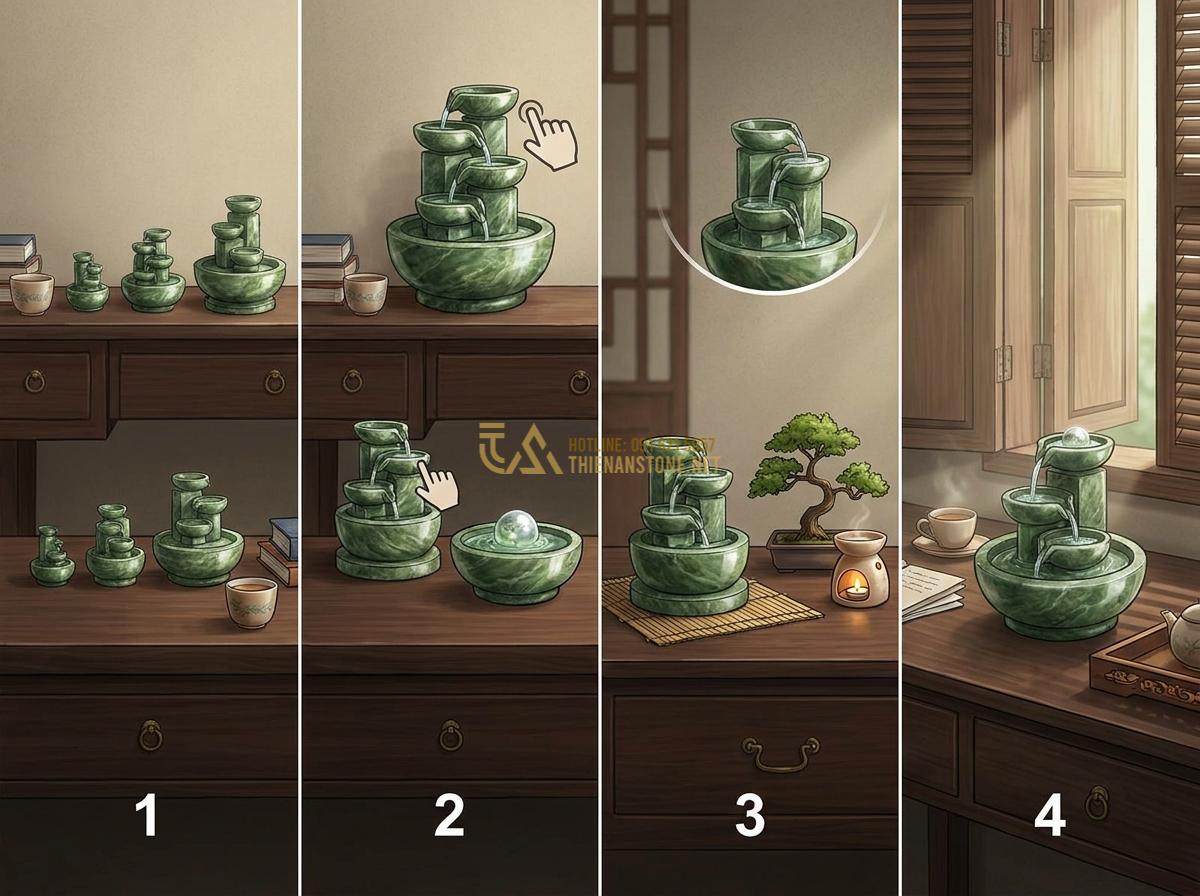 Đài Phun Nước Mini Bằng Đá Tự Nhiên: Mẫu Đẹp, Giá Rẻ Cho Không Gian Nhỏ & Để Bàn - Hình 11 Đài Phun Nước Mini Bằng Đá Tự Nhiên: Mẫu Đẹp, Giá Rẻ Cho Không Gian Nhỏ & Để Bàn - Step-by-step guide illustration of selecting the perfect mini stone fountain for