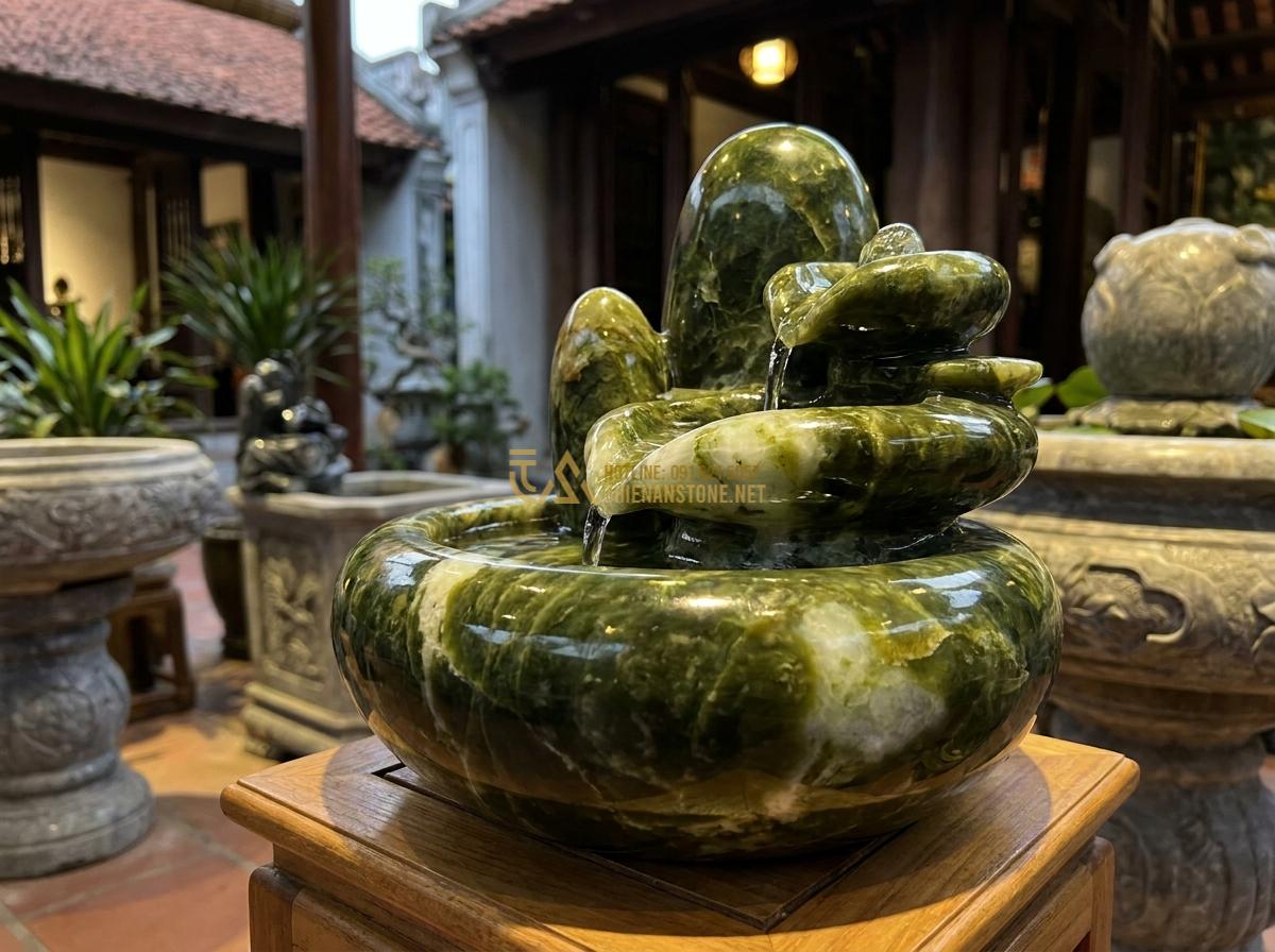 Đài Phun Nước Mini Bằng Đá Tự Nhiên: Mẫu Đẹp, Giá Rẻ Cho Không Gian Nhỏ & Để Bàn - Hình 12 Đài Phun Nước Mini Bằng Đá Tự Nhiên: Mẫu Đẹp, Giá Rẻ Cho Không Gian Nhỏ & Để Bàn - Customer choosing small natural stone water fountain in showroom, focusing on qu