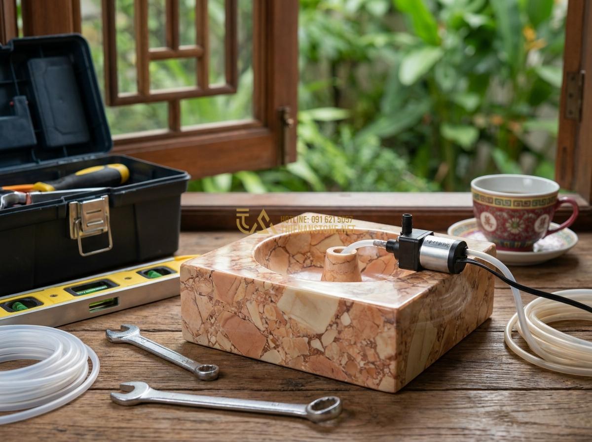 Đài Phun Nước Mini Bằng Đá Tự Nhiên: Mẫu Đẹp, Giá Rẻ Cho Không Gian Nhỏ & Để Bàn - Hình 13 Đài Phun Nước Mini Bằng Đá Tự Nhiên: Mẫu Đẹp, Giá Rẻ Cho Không Gian Nhỏ & Để Bàn - Professional installation process of a mini natural stone fountain on a desk wit